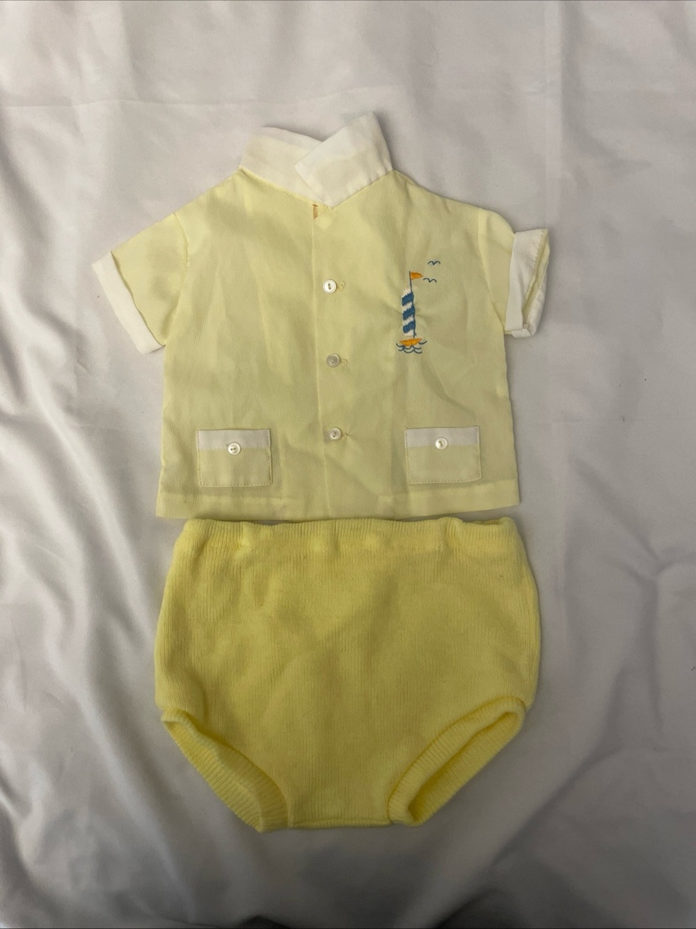 Baby Two Piece Yellow Set Vintage Embroidered Boat